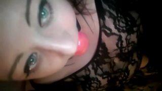 BBW submissive slut wearing lace bodystocking in ball gagged masturbation