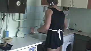 Amateur Russian guys wearing female clothes wash dishes