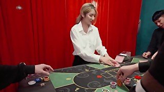 Kinky card dealer gets fucked behind the red curtain