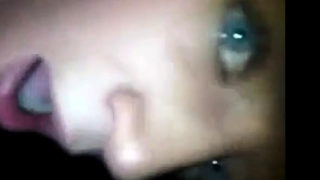 Blue eyes showing and swallowing cum