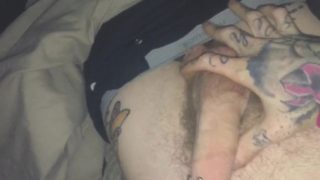 Close up cumshot from big hairy tattooed pierced dick