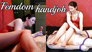 Femdom handjob cum feeding, post cum torment, foot fetish, edging, facesit