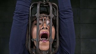 Bald headed sex slave is cuffed and punished in the dungeon