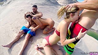 Cock hungry pornstars enjoy having group sex during vacation