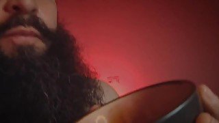 Bearded guy plays with his own jizz in mouth and swallows it