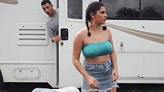 Curvy Latina chick coaxes stepbro to have taboo quickie in RV