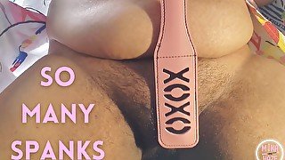 spanking and masturbating my hairy pussy with a paddle