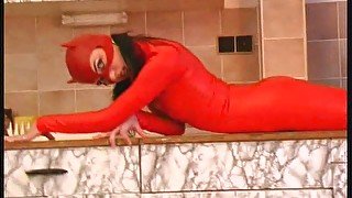 Red Rubbercat in high heels