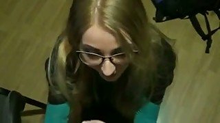 Light haired nerdy svelte chick of my buddy wanted to show off oral skills