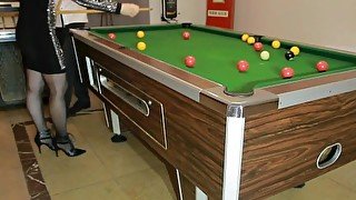 Anal sex on the pool table after dildoing with the pool cue, nice cumshot at the end