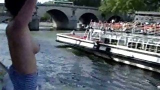 My kinky brunette bitch flashes her cunt over the riverside