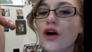 She gets fucked hard then takes cum to face 'n glasses