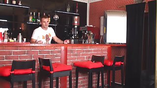 Deep throating and fucking hard man in the bar