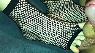 Amateur footjob #51 sexy fishnet socks, hot cum in sock