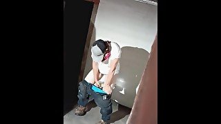 Peeping on hot boss lady in bathroom desperation piss on jobsite