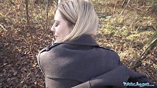 Blonde hottie gets caught peeing in the woods & pays for big cock in public agent reality