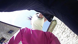 Laura on Heels amateur 2021 on pink outfit in outdoor blowjob and masked oral creampie