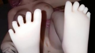 cumming on sex dolls feet