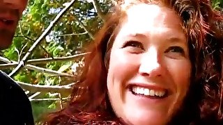 Giggling curly red haired BBW wanna be fucked doggy in the forest