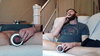 smoking and oozing cum with vibrating sleeve