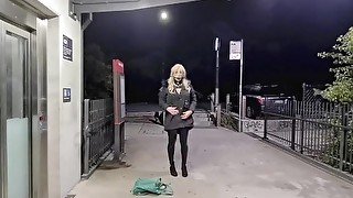 I leave my clothes behind and ride a fat dildo at a train station park and road