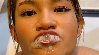 Delia Sugar plays with cum after fuck and suck