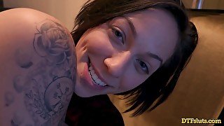 TATTOOED CUMDUMPSTER TAKES ON 3 DICKS AT ONCE, GETS CREAMPIED AND A FACIAL!