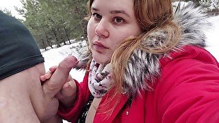 POV Outdoor blowjob in the woods with a redheaded big boobs slut