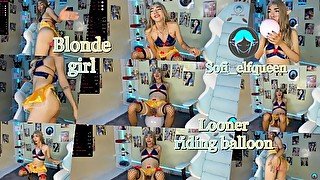 Tennanger blonde girl ridding balloon