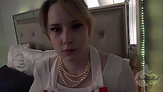 Blonde housewife in a dress gets her shaved pussy pounded missionary