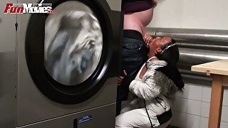 Too tanned whore Candy Cox gives a blowjob while doing laundry