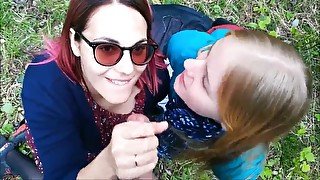 Two Girls Sucking Dick Outdoor And Share Cum Facial