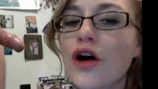 She gets fucked hard then takes cum to face 'n glasses