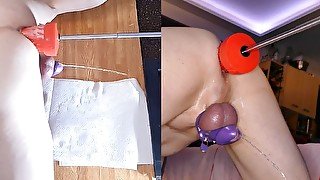 Barbarian dildo makes chastity DILF squirt piss on the fucking machine