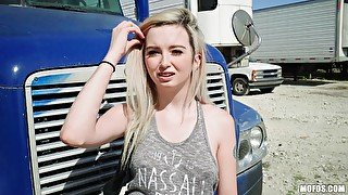 Blonde teen Lexi Lore sucks a fat cock on a truck stop and eats cum