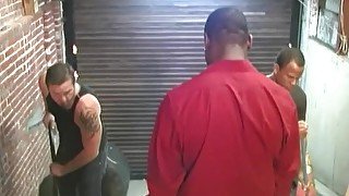 Two black janitors fucking a white guy in the ass