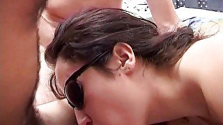 Amateur brunette in sunglasses screwed and filmed by a group of swingers - 2 scenes in video