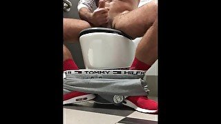 Public toilet wank and cum