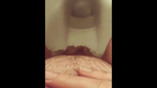 Close-up hairy pussy pissing  on public toilet after holding 