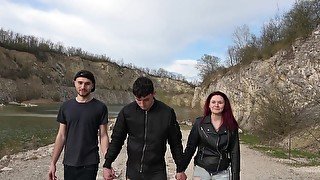 Outdoors video of bisexual threesome with cure redhead Nina