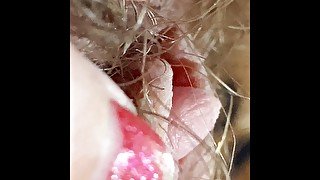 Extreme close up on my hairy pussy and huge clitoris