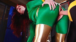 Naughty redhead girl is fucked through a hole on her costume