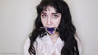 pee desperation + panties mouth stuffing + gag