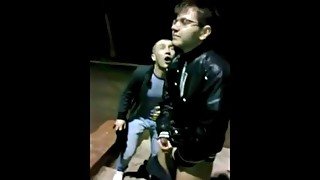 Russian guys having some fun at night friends make him cum and tape it