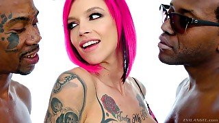 Pink haired porn model Anna Bell Peaks and her nasty GF are fucked by BBC