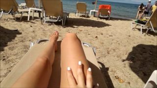 Horny wife play her pussy public in beach bar