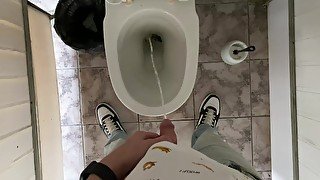 Peeing in the office public toilet, view from my eyes 4K