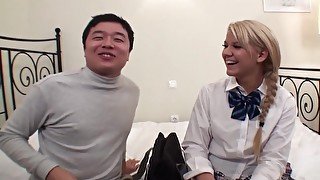 Asian men pleasures fucking young blonde chick in mouth and pussy