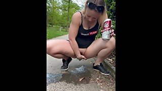 Walking with anal plug and piss on the path