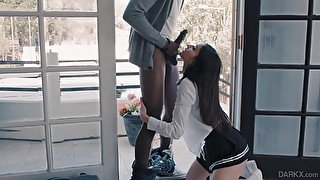 Teen in long socks Aria Lee sprayed with cum from a hung black guy